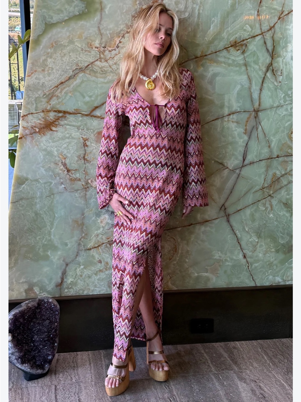 12th Tribe Palermo Pink Chevron Crochet Knit Plunge Neckline Maxi Dress NWT